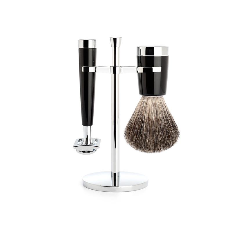 Liscio Black & Chrome 3-Piece Shaving Set - Pure Badger Shaving Brush & Double Edge Safety Razor ( S81m146sr )