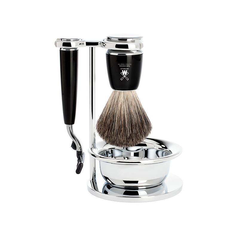 Rytmo Black & Chrome 4-Piece Shaving Set - Pure Badger Shaving Brush  & Double Edge Safety Razor ( S81m226sm3 )